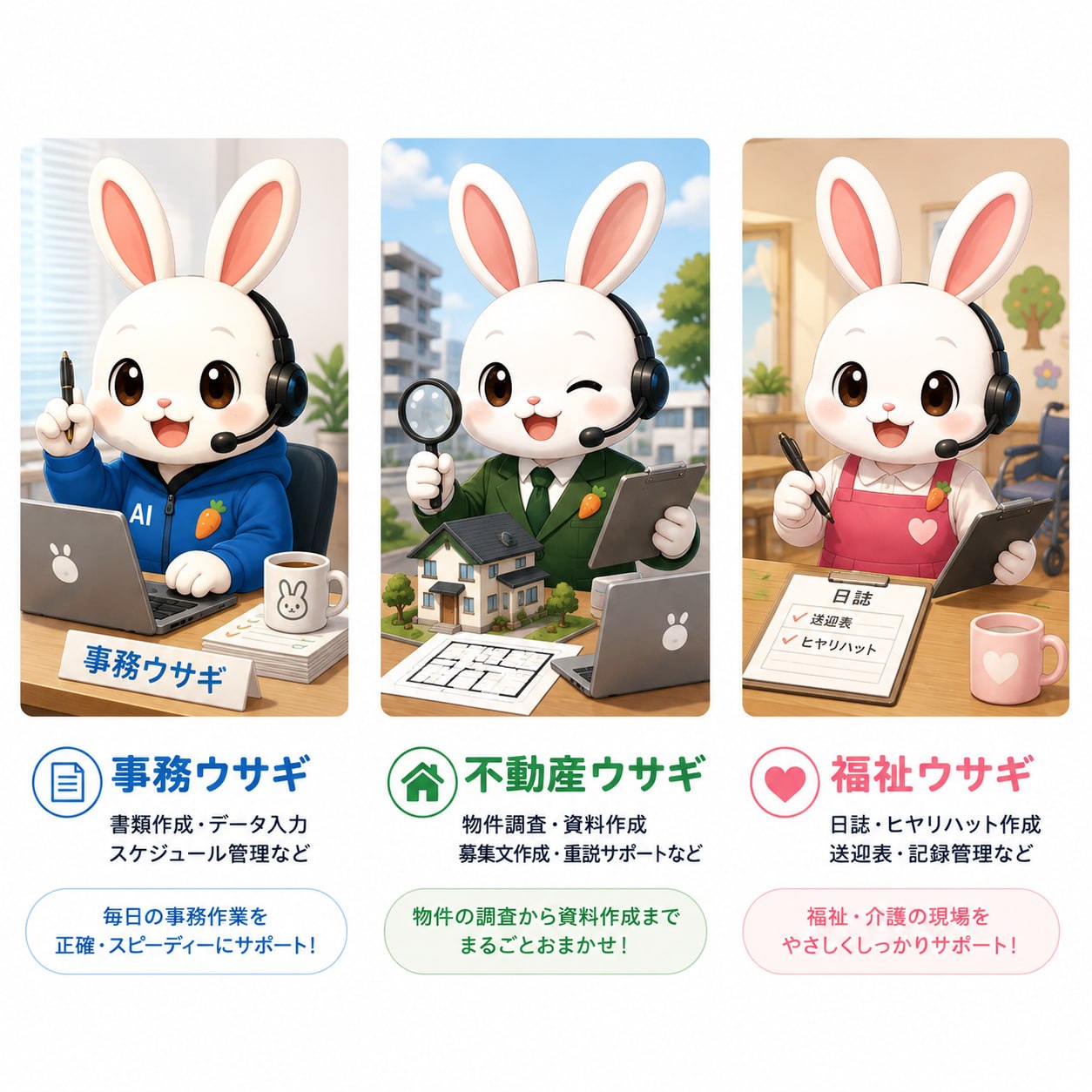 業種別うさぎAIキャラクター — 事務ウサギ・不動産ウサギ・福祉ウサギ